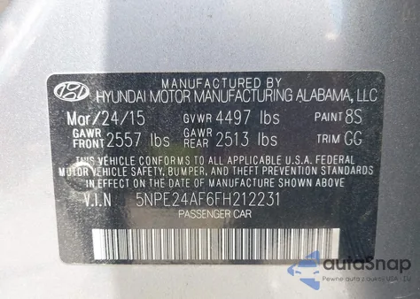 2015 Hyundai Sonata Se z USA, uszkodzony, nr VIN 5NPE24AF6FH212231